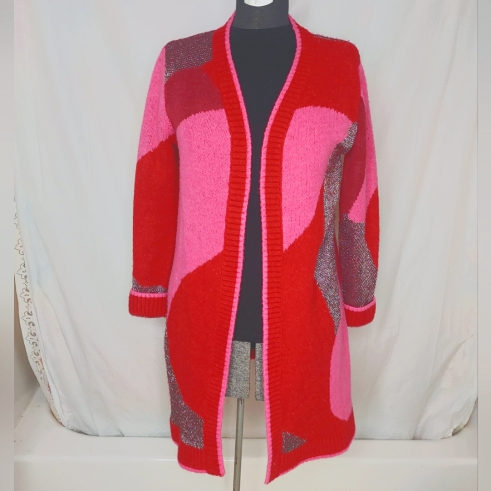 YEST Womens Red Pink Sweater Cardigan Valentines RED, Long Cozy Thick Sz 6